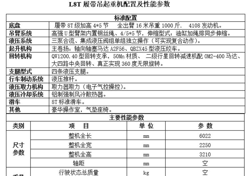 8噸履帶吊配置參數(shù)